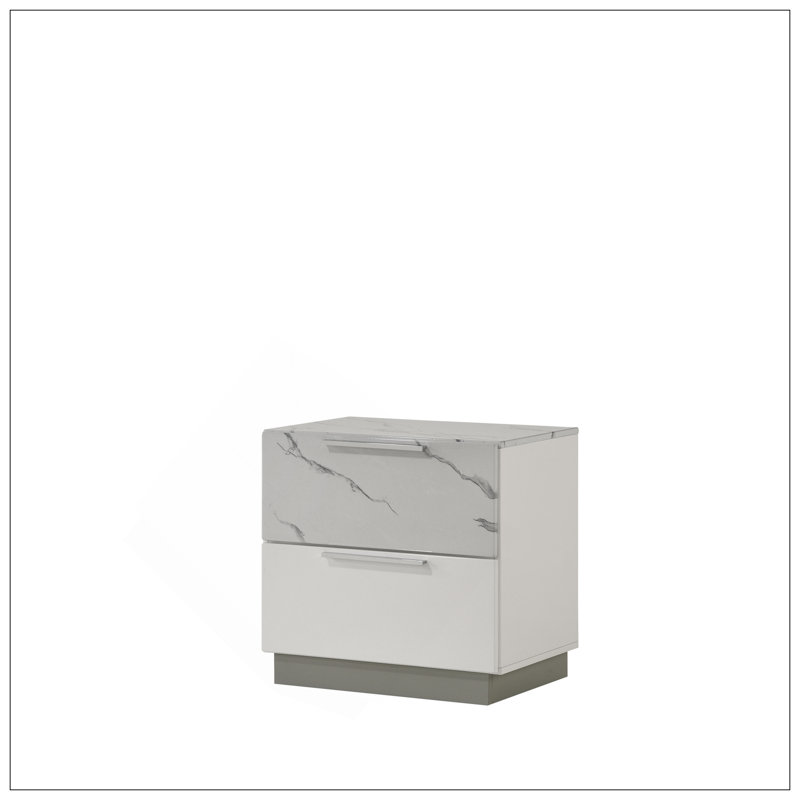 Table de chevet Mist - Finition bicolore très brillante en marbre et en laque avec deux tiroirs, intérieur doublé de velours et design élégant et compact