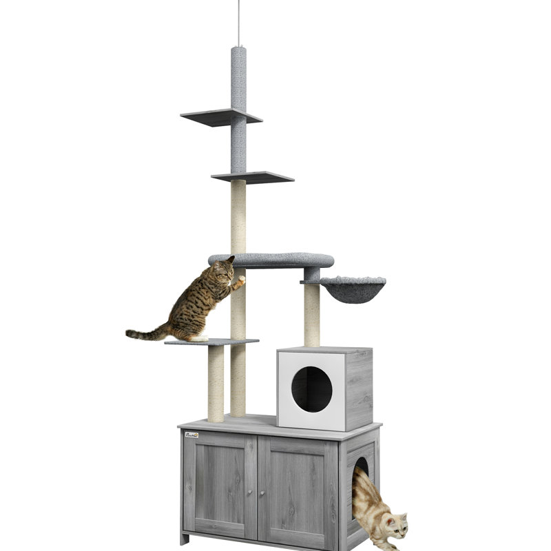 Enclos 2 en 1 pour chat avec litière intégrée - Gris. Comprend un panier, un griffoir et des plateformes pour chats d'intérieur.