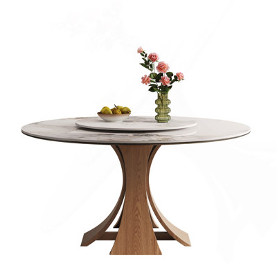 Table de salle à manger moderne de 59 pouces en pierre frittée, équipée d'une table tournante ronde de 35 pouces, pouvant accueillir 6 à 8 personnes, avec une base en bois de couleur noyer unique