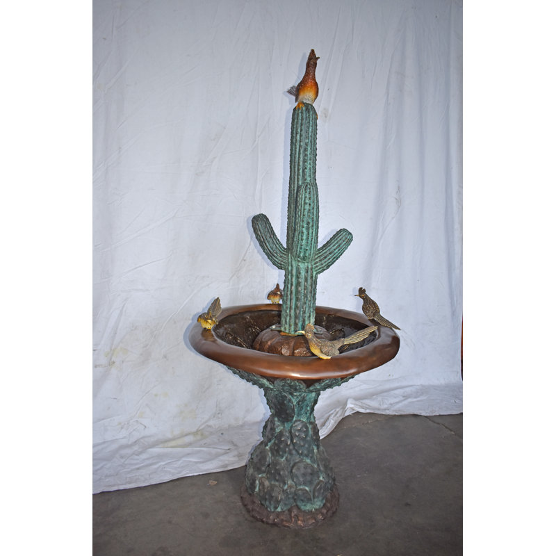 Birdbath With Five Roadunner Birds Bronze Statue - Size: 31" x 31" x 67"H