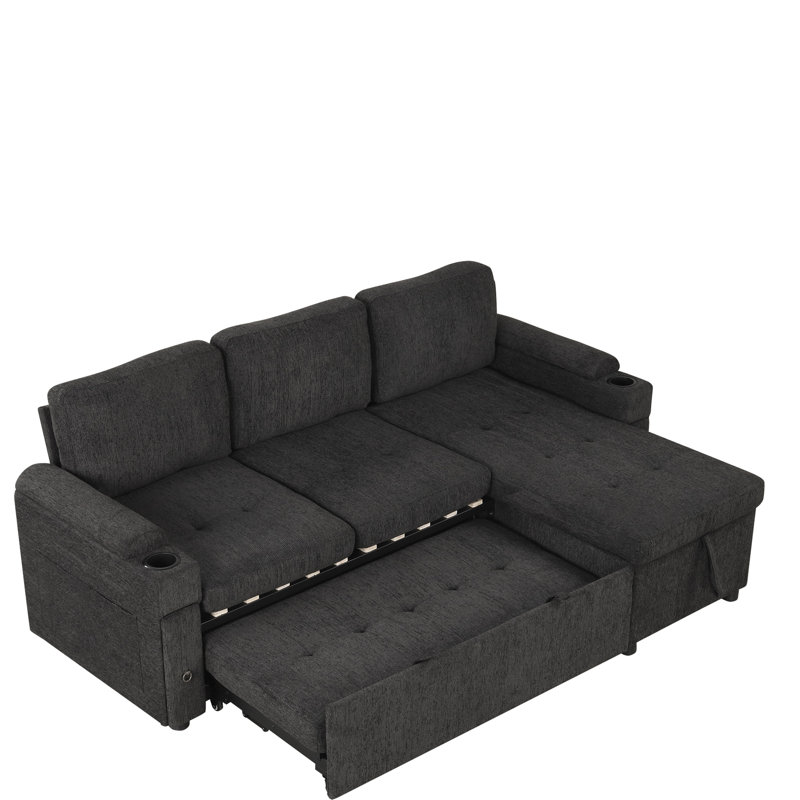 En forme de L noir avec méridienne réversible, porte-gobelets, ports et confort, rangement dissimulé pour lit convertible, revêtement en chenille,