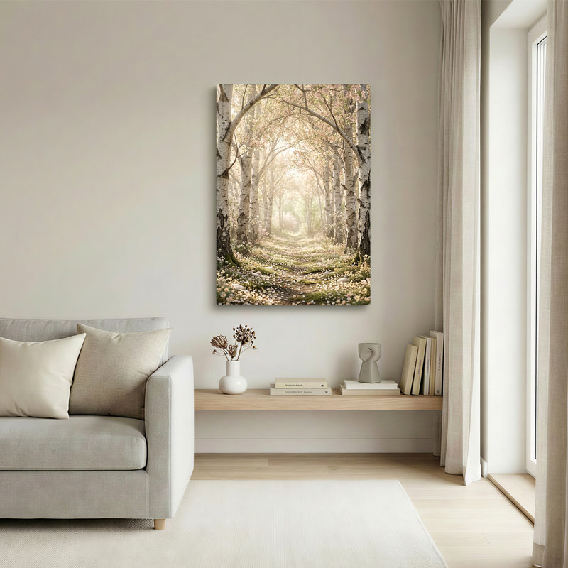 «Misty Morning Path Through White Birch Trees with Pink Blossoms», art mural sur toile, H 36 po x l 24 po