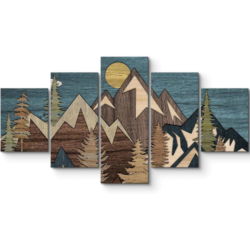 «Western Western Effect Landscape Mountain Sun Pine Tree Forest Large Canvas», impression sur toile 5 pièces