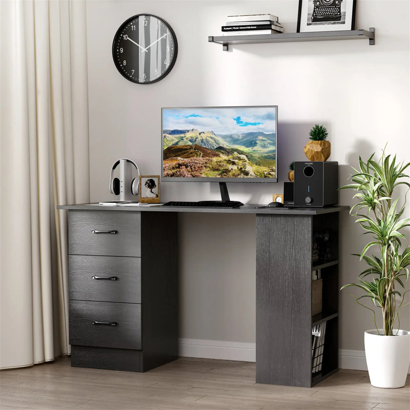 White Computer Desk with Drawers & 3 Storage Shelves, Black