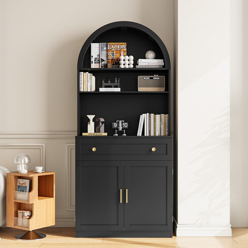 71" Arched Display Cabinet Bookcase, Storage Display Bookcase With Open Shelves And Cabinet, Black