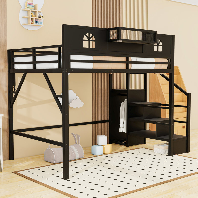 Lit mezzanine en métal avec station de charge, lumière DEL, garde-robe et escalier, Grand lit