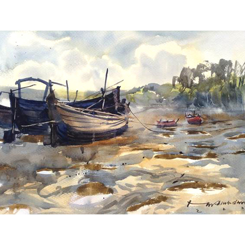 Bateaux à Sunderbans | Aquarelle de Madhusudan Das