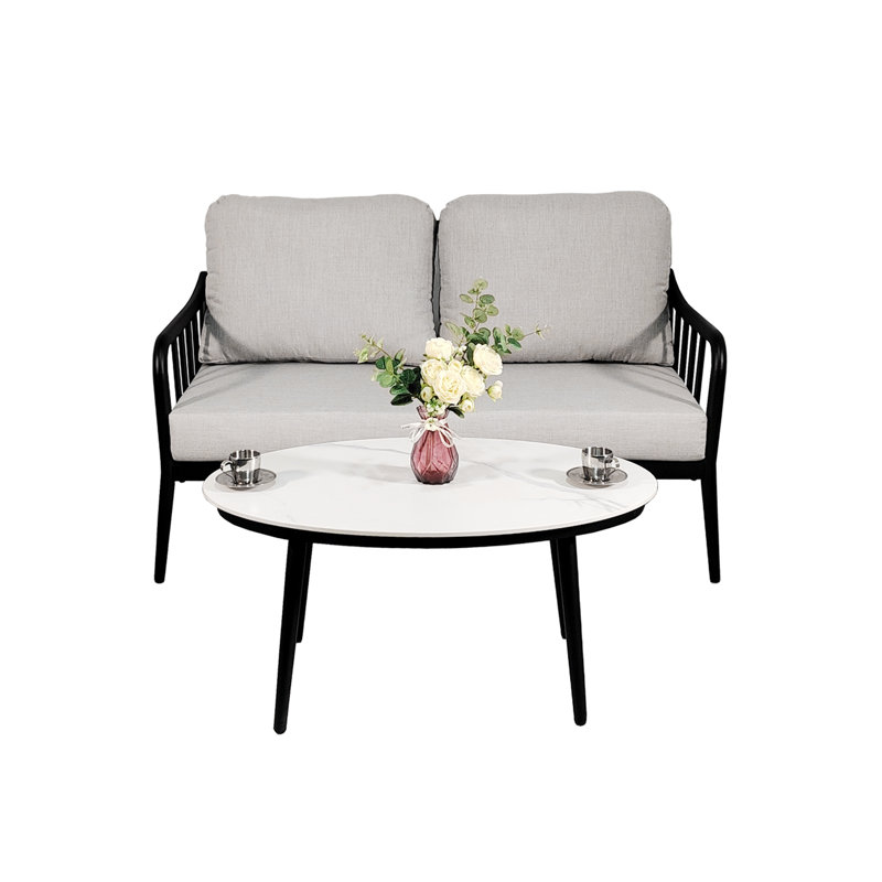 Ensemble de causeuse d'extérieur 2 pièces et table basse 2 pièces - Structure en aluminium, coussins Sunbrella, plateau aspect marbre blanc de Carrare, noir Ember