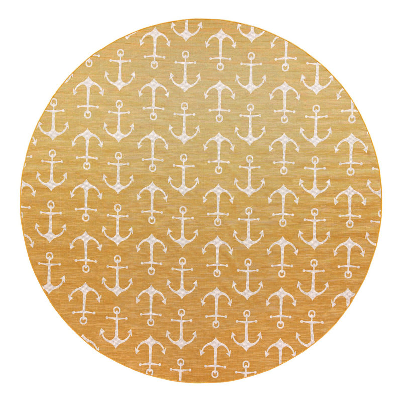Tapis intérieur / extérieur en plastique tissé à la machine Glidden - jaune / ivoire, Rond 13 pi 1 po