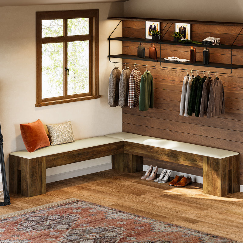 61" Entryway L-Shaped Shoe Bench with Padded Seat Cushion, Corner Breakfast Nook Seating for Dining Room, Kitchen, Cloakroom, Entryway, White Brown