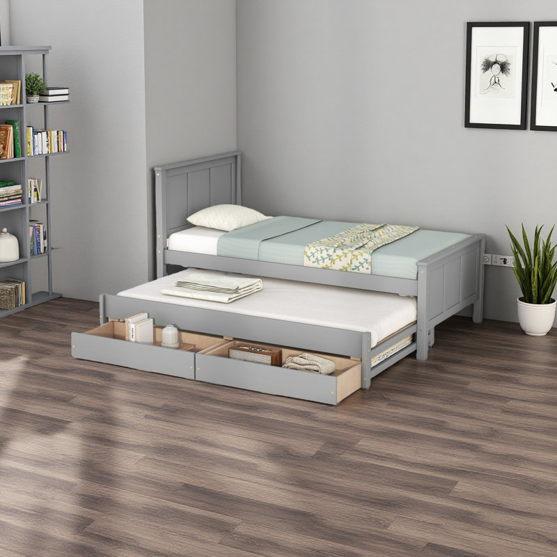 Lit plateforme simple avec lit gigogne et tiroirs, Gris