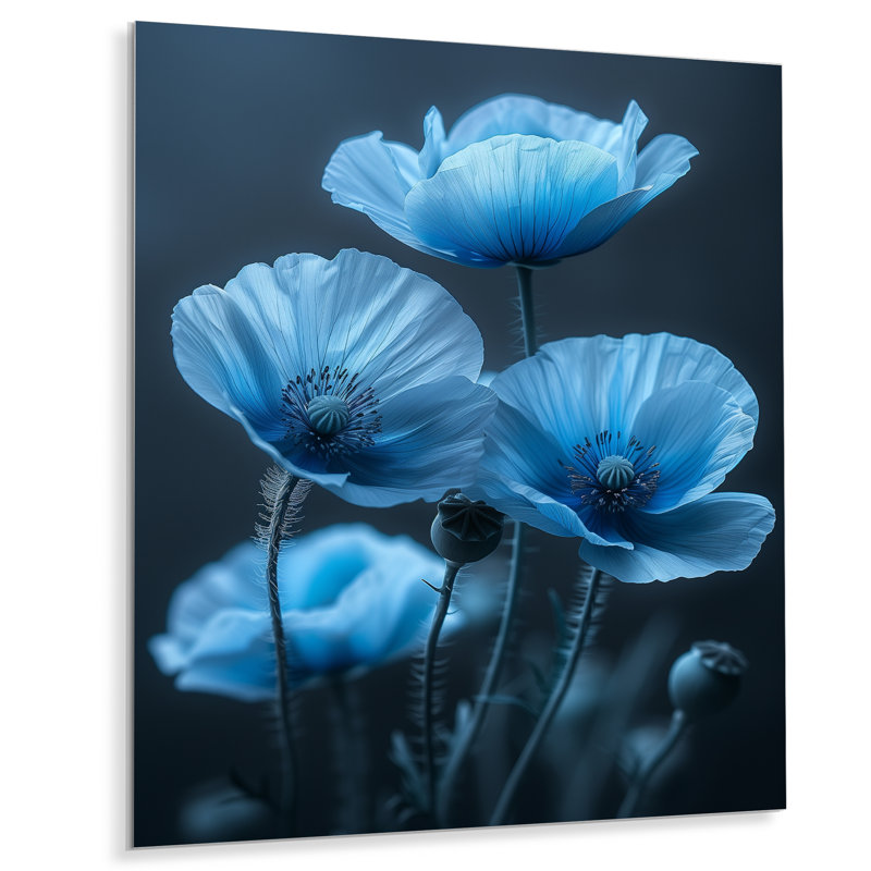 Bleu, noir, nature, Nuance, coquelicots I - coquelicots, art mural, salon, Métal métal, H 44 po x l 34 po x P 1,5 po