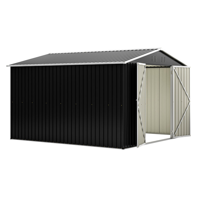 Remise de rangement extérieure 10 pi x 10 pi, métal Portes verrouillables et fabrication. Ouvertures de ventilation, toit imperméable. Noir Idéal pour la cour, le patio et la pelouse en métal avec une structure solide. Peut accueillir