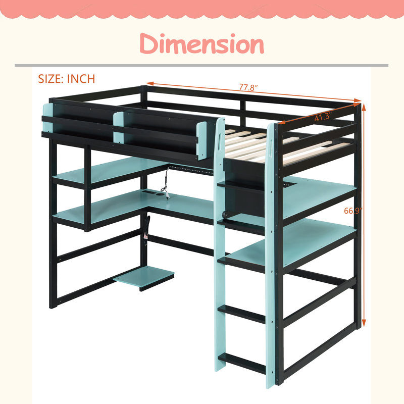 Lit mezzanine simple en bois avec bureau, Lit simple, Bleu nuage