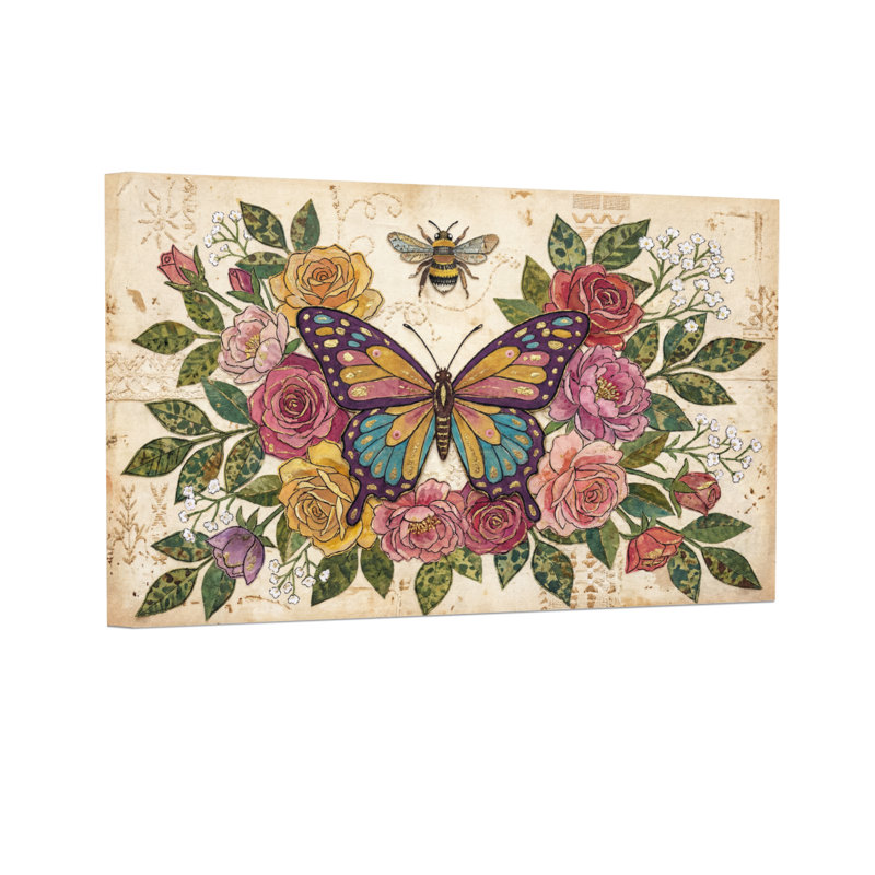 Reproduction d'art à motif animalier, papillon et rose, H 12 po x l 18 po