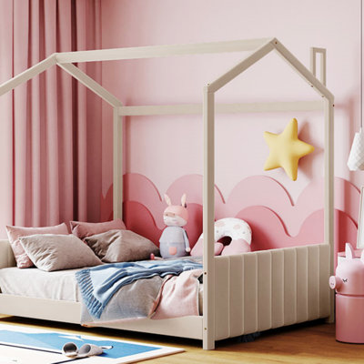 Full Size Velvet House Bed With Roof And Playhouse Design, Ideal For People' Comfortable Sleep And Playful Imagination.
