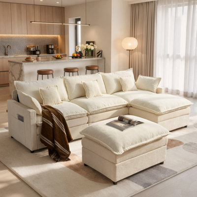 Canapé d'angle en L 5 places de 108 pouces avec 2 poufs amovibles, revêtement en chenille de 26 pouces de profondeur et 5 coussins décoratifs