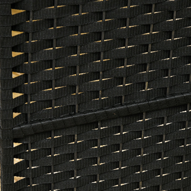Paravent pliable à 4 panneaux, hauteur de 1,70 m. Noir, tissé à la main avec élégance et un joli sommet arqué. Parfait pour la maison, la chambre ou le bureau. Bois et sangles en polypropylène. Léger et facile à installer.