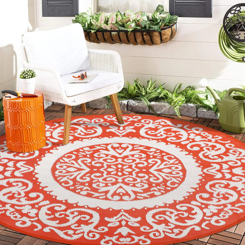 Round Outdoor Rug for Patio 8Ft Reversible Plastic Straw Rug Waterproof Outdoor Mat for Porch Garden Camping and Poolside