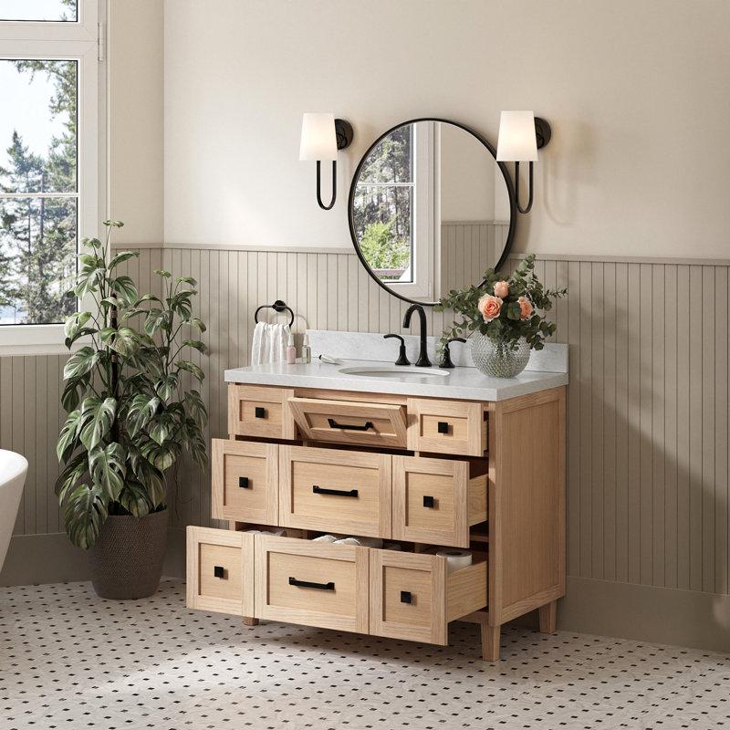 Meuble-lavabo à simple cuve en bois massif de 49 po avec plateau en marbre de Carrare italien de 1,5 po ARIEL Monrow, Chêne