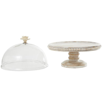 Mango wood cake stand with glass dome