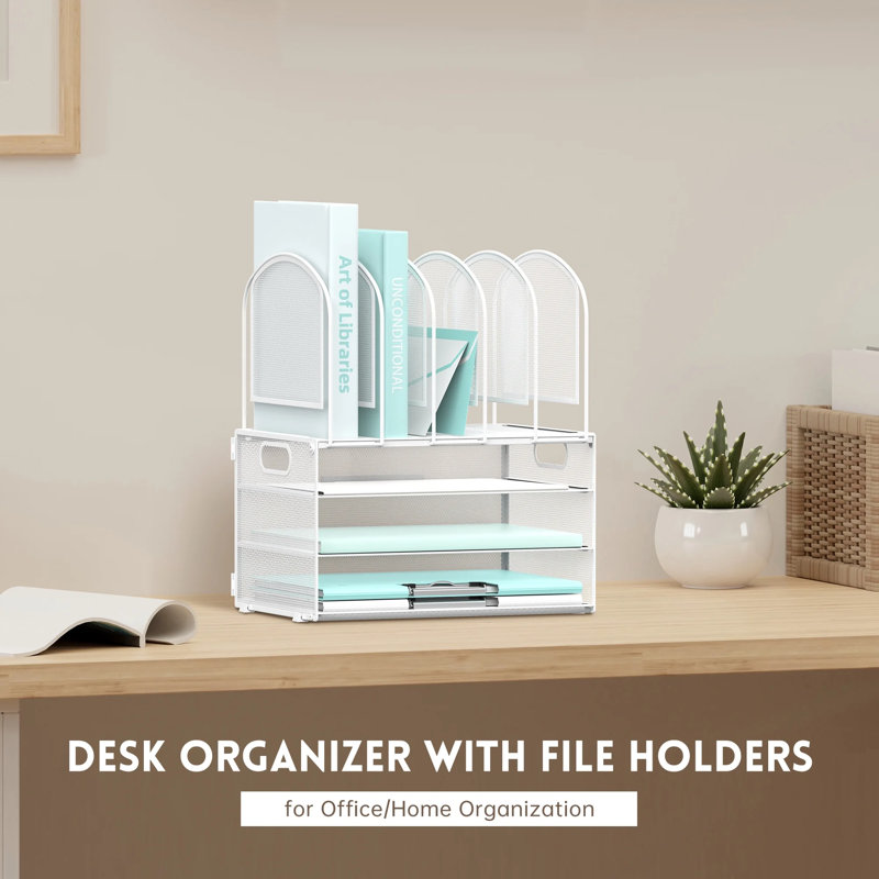 Organisateur de bureau à 3 niveaux avec 5 porte-dossiers et poignées pour le bureau, Blanc