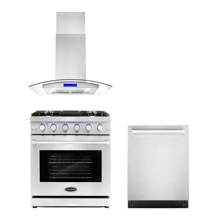 Cosmo 3 Piece Kitchen Appliance Package with 30'' Gas Freestanding Range ,  Built-In Dishwasher , and Island Range Hood & Reviews