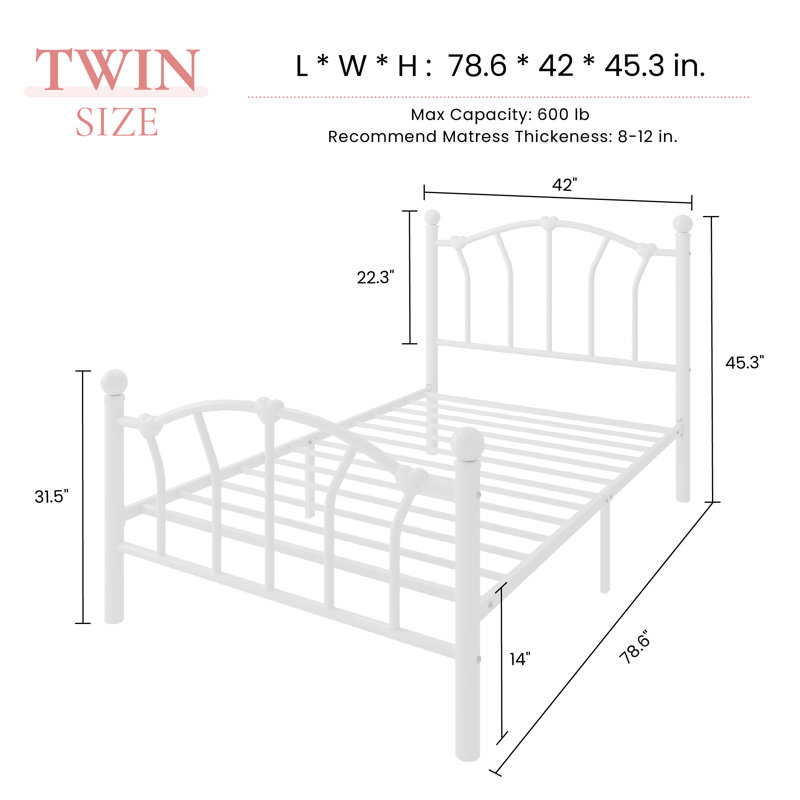 Metal Platform Bed Frame With Headboard And Footboard，Heart & Ball Finials，No Box Spring Needed,12.6" Under-Bed Storage，Easy Assembly