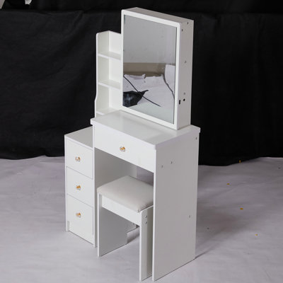 29.2" Small Space Left Bedside Cabinet Vanity Table + Cushioned Stool, Extra Large Right Sliding Mirror, Multi Layer High Capacity Storage, Practical Fashionable Dresser