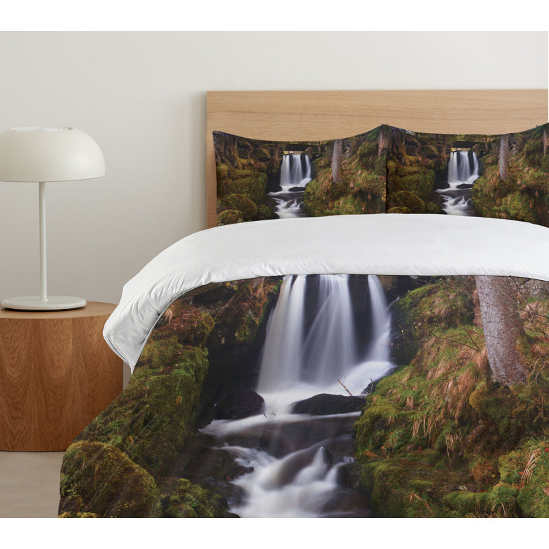 Green Forest Waterfall Queen Duvet Cover Set with Pillow Shams