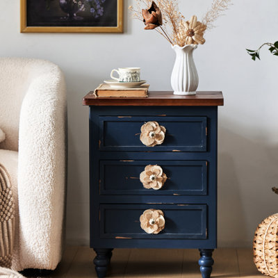 Table de chevet rustique rétro avec 3 tiroirs floraux, pieds gourdes, de couleur bleue, presque entièrement assemblés, 14,2 po de profondeur, 24,8 po de hauteur, poignées de table d'appoint,