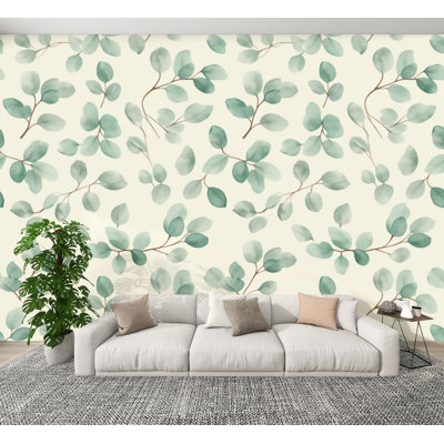 Papier peint adhésif moderne à motif aquarelle de feuilles d'eucalyptus vert H 100 po x l 144 po, papier peint amovible en PVC pour décoration de chambre à coucher