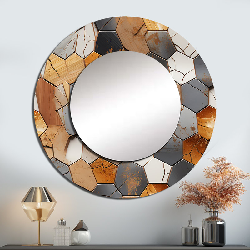 Motif rustique hexagonal Boho - grand miroir mural géométrique, miroir rond moderne unique, impression d'art en métal