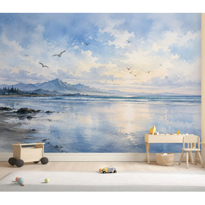Papier peint adhésif peler et coller minimaliste paysage marin oiseaux calmes horizon de l'océan doux ciel dégradé autocollant amovible papier contact mural pour le salon Chambre à coucher H 69 po x l 96 po