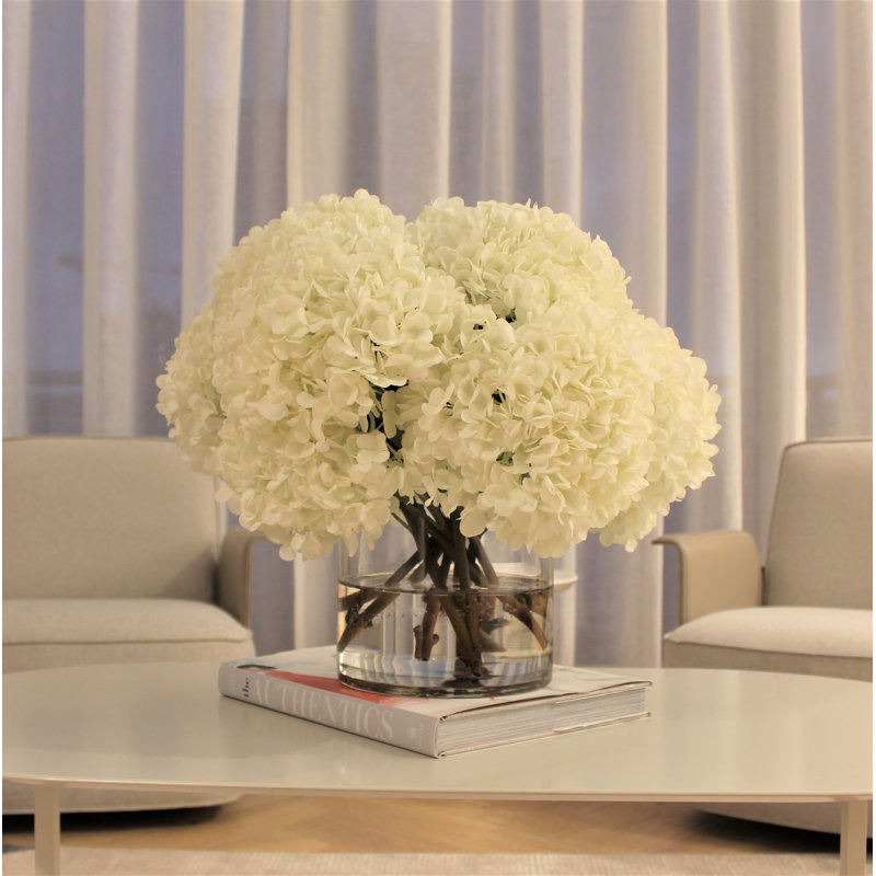White Hydrangeas In Clear Glass Cylinder Vase, White, 16" H x 18" W x 18" D
