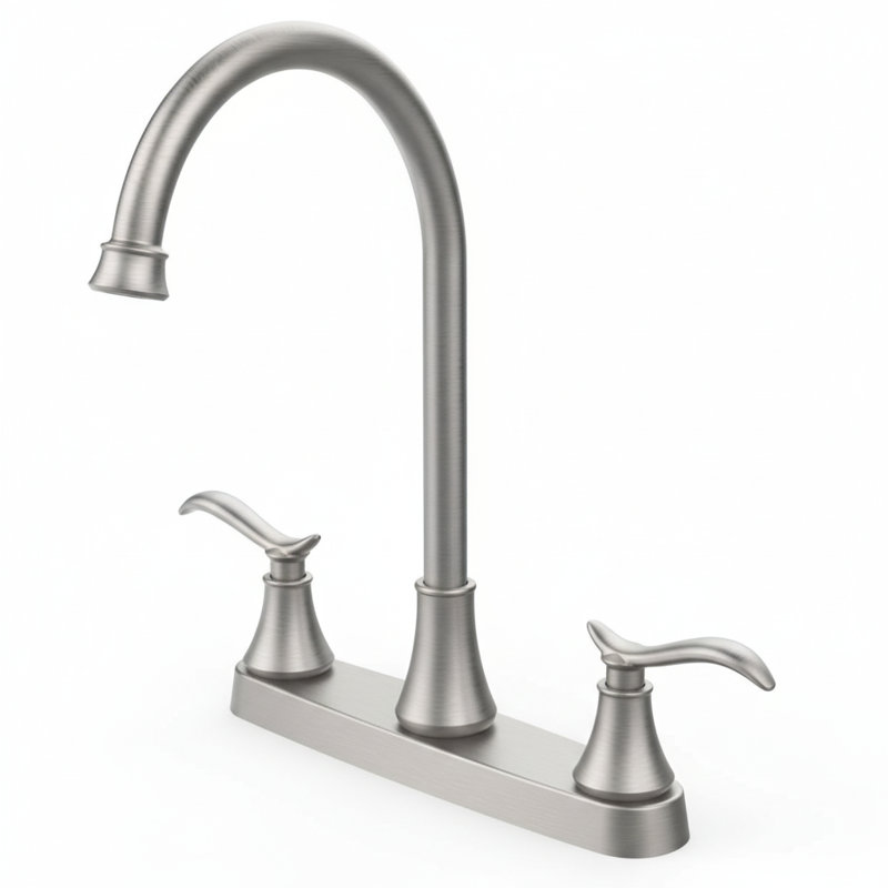 Double Handle Kitchen Faucet With High Arc 360° Swivel Spout In Brushed Nickel