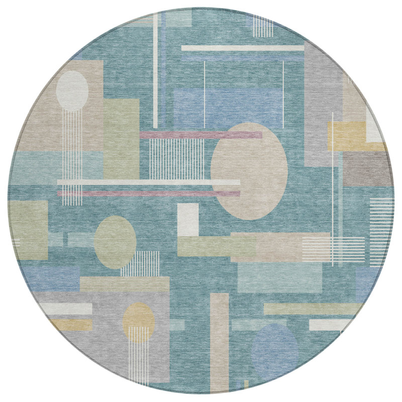 Machine Washable Indoor/Outdoor Chantille ACN2822 Geometric Rug, Teal, 8' Round