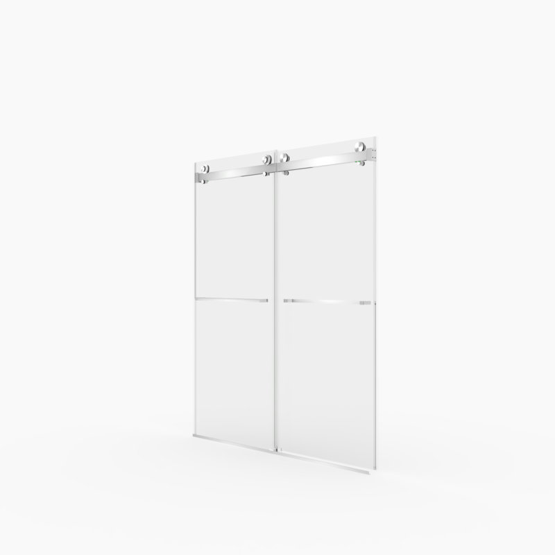 Porte de douche coulissante double sans cadre l 5660 po x H 70 po, verre trempé clair de 5/16 po (8 mm) de large épaisseur, couche facile à nettoyer à double face, fini nickel brossé avec tampon