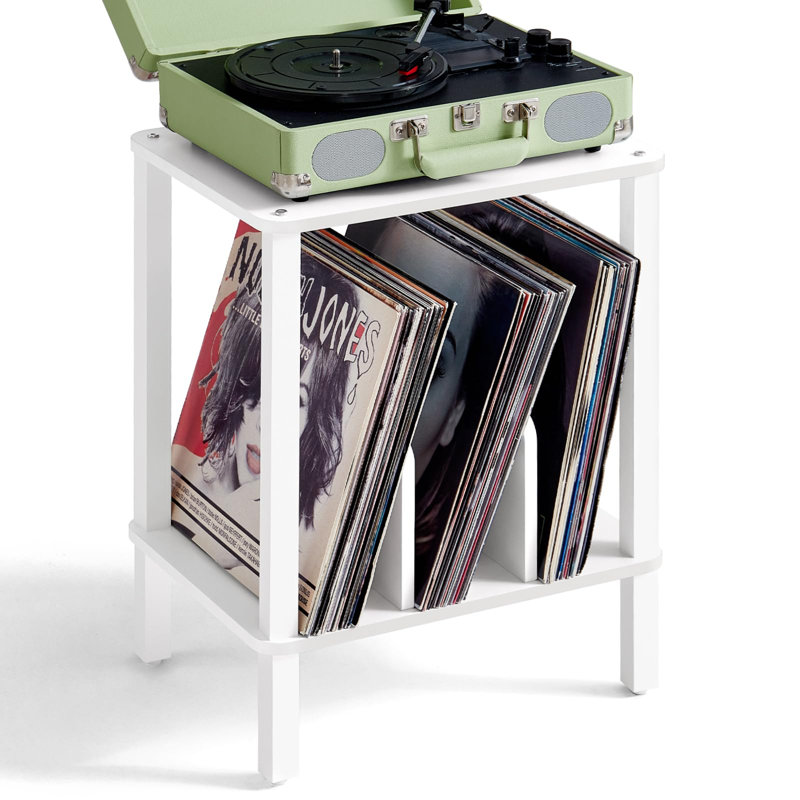 Support pour tourne-disque en bambou à 2 niveaux avec rangement pour disques vinyle jusqu'à 100 albums, porte-disque de chambre à coucher Boho et table de bout multifonctionnelle, blanc