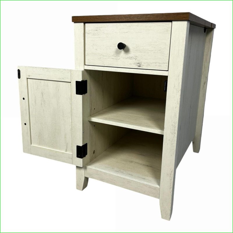 Farmhouse Nightstand with Charging Station, Barn Door & Drawer, Brown+White, Brown/Beige