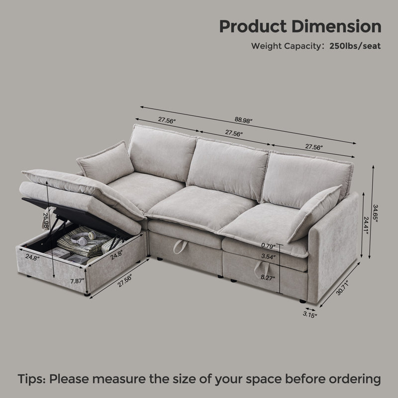 89" Modern Modular Sofa with Large Storage Space,Chenille Fabric U-Shaped Modular Sofa with Deep Seat Cushions and Throw Pillows