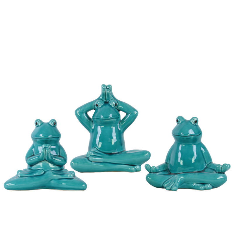 Figurine de grenouille assise en méditation en céramique, Bleu