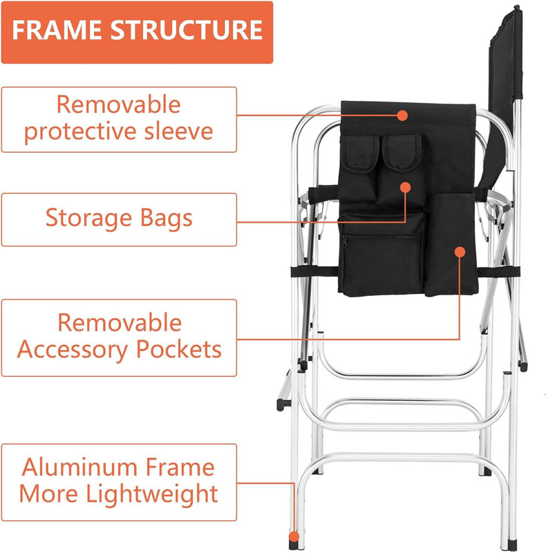 31" Tall Bright Aluminium Frame Folding Director Chair With Side Table