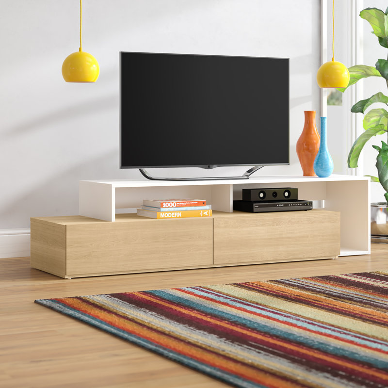 Meuble télé avec 2 tiroirs pour téléviseur de 78 po ou moins Caven, Érable naturel / Blanc