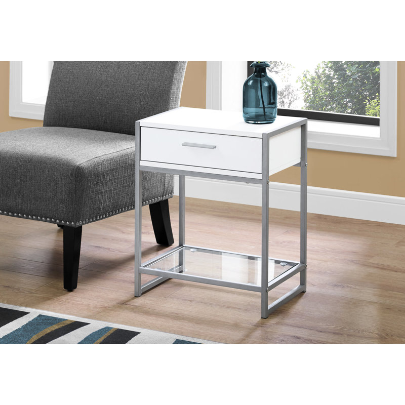 Table de bout de chambre polyvalente avec stratifié blanc, métal gris et espace de rangement contemporain