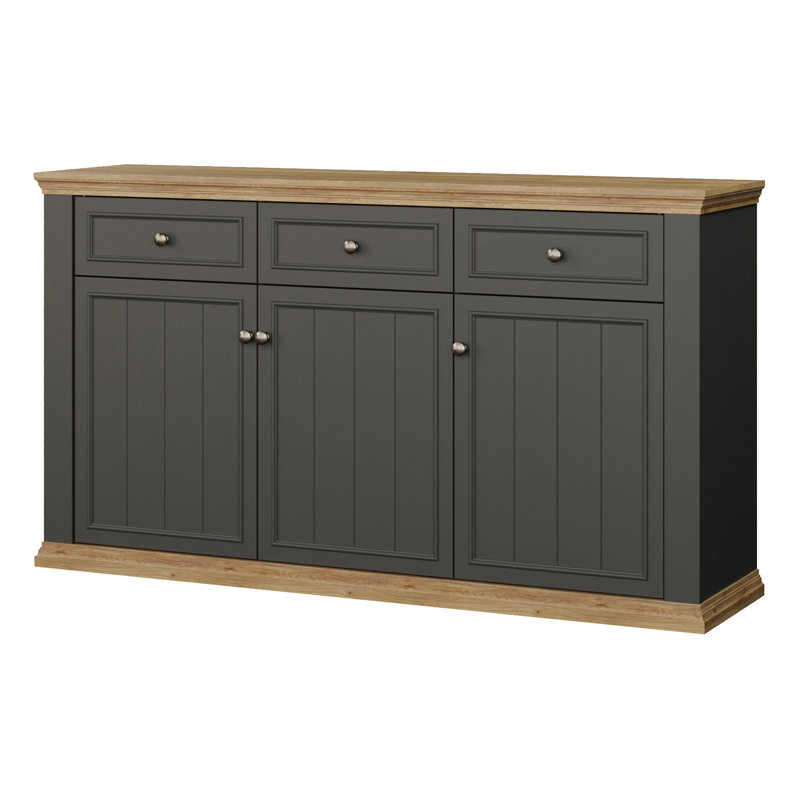 Rosswell Modern cottage style sideboard with 3 drawers and 3 doors, engineered wood, light grey/light oak decor, 169.2 cm W x 95.4 cm H x 43.5 cm D