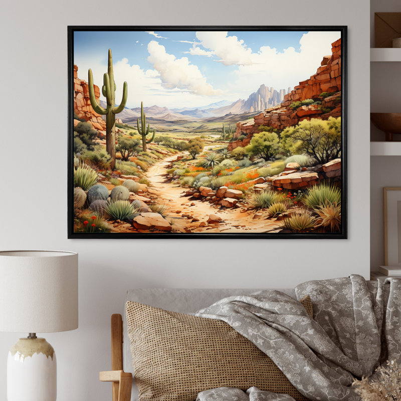 «Mexico Cactus Oasis Impasto II», reproduction d'art sur toile, Cadre flottant noir, H 30 po x l 40 po x P 1,5 po