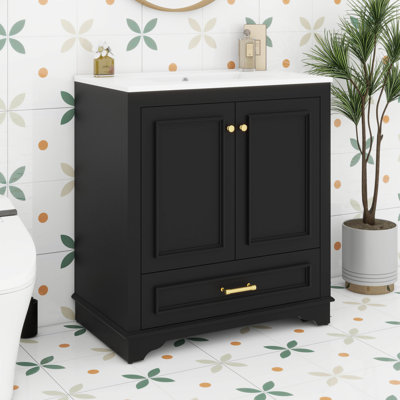Meuble-lavabo autoportant de 30 po avec lavabo en céramique, armoire de rangement pour salle de bain avec portes à fermeture douce et tablette réglable, tiroir