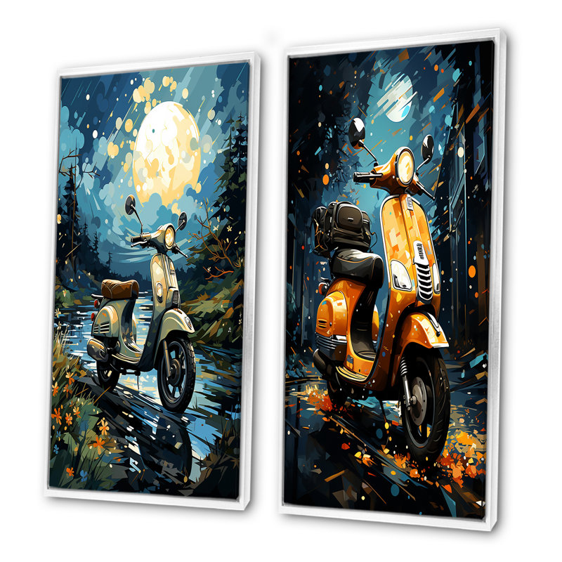 Urban Nightly Scooter Vibes - ensemble d'art mural sur toile Scooter, 2 pièces, Cadre flottant blanc, H 40 po x l 41 po