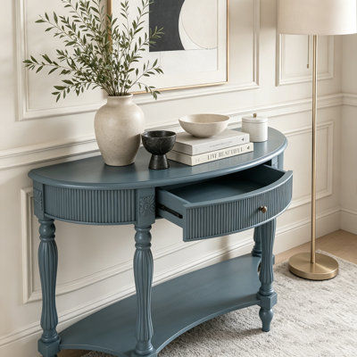 Console demi-lune en bois massif avec tiroir et tablette, table d'entrée incurvée cannelée rétro pour vestibule de salon de couloir, table de canapé à espace étroit avec pieds romains sculptés